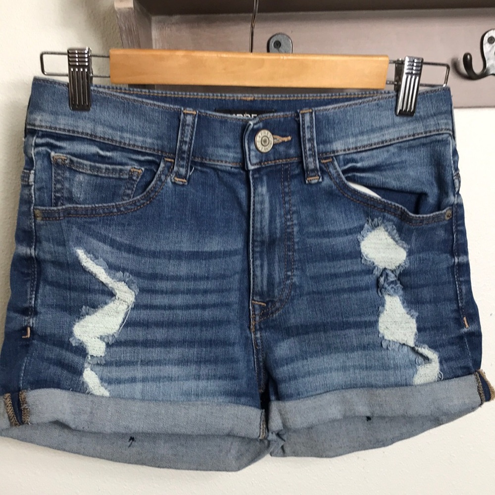 Express jean shorts blue, shortie high rise, cuffed. Stretch, size 2